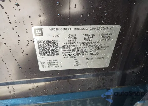 2020 Chevrolet Equinox Fwd 2Fl из США, поврежденный, VIN 2GNAXJEV2L6218129